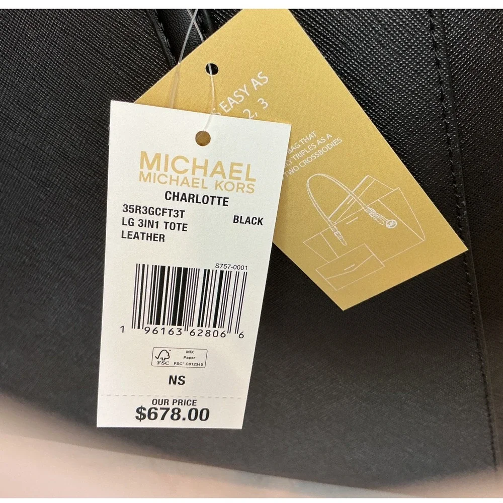 Michael Kors Charlotte LG‎ 3in1 Tote Black Leather MSRP $678 NWT